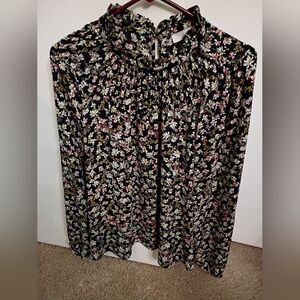 LOFT Black Floral Ruffle-Neck Blouse Size XL